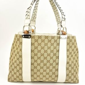 GUCCI White Leather GG Logo & Bamboo Tote Bag (oq)